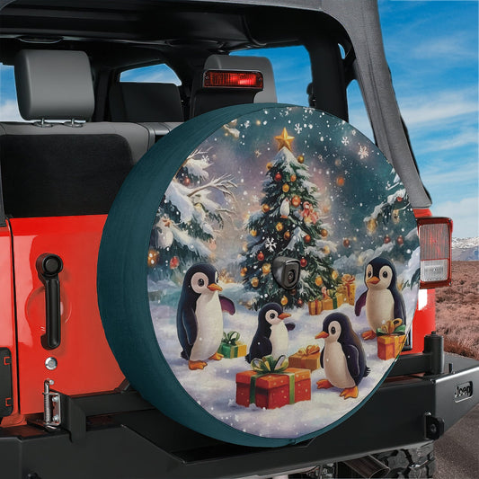 a decorated tire cover with penguins around a christmas tree