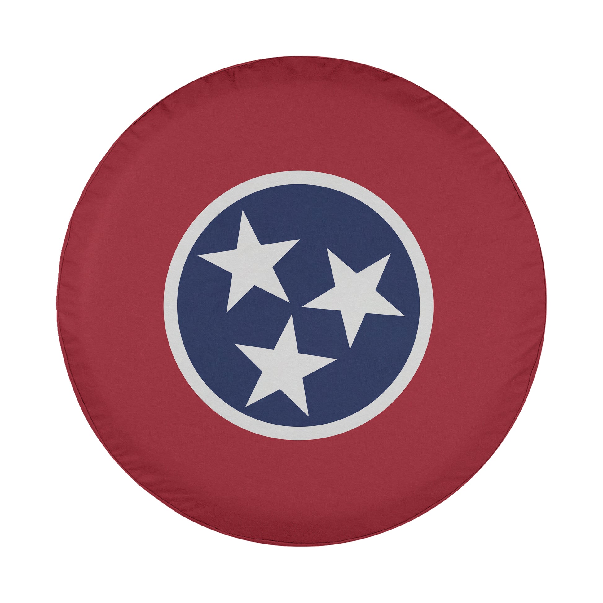 A red tire cover with a blue and white circular design featuring three white stars.