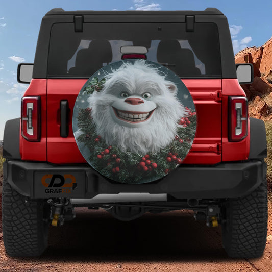 a red Jeep Wrangler with a large, round spare tire cover that has a cartoon character on it.