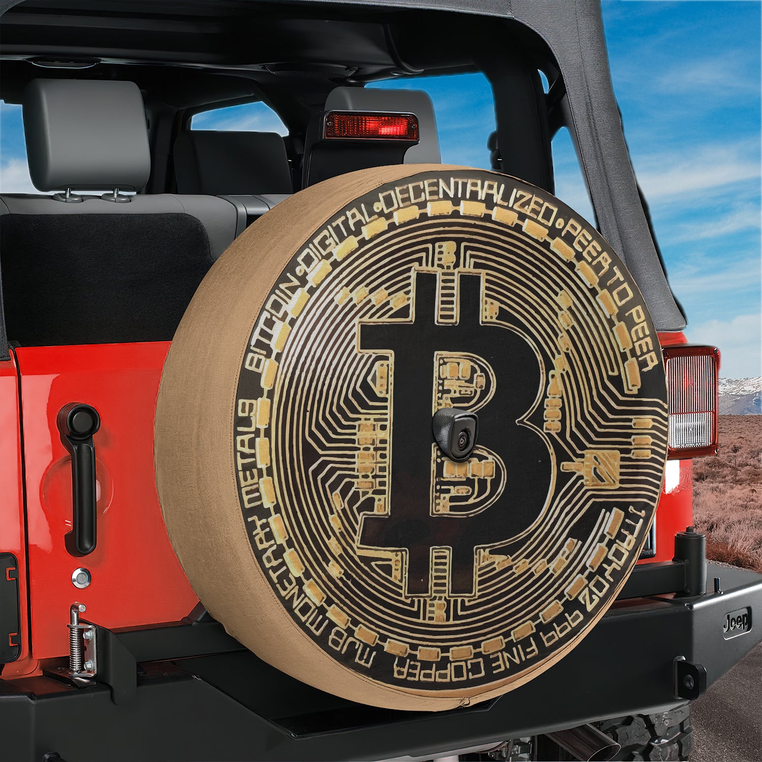 a bitcoin printed on a tire cover on a jeep
