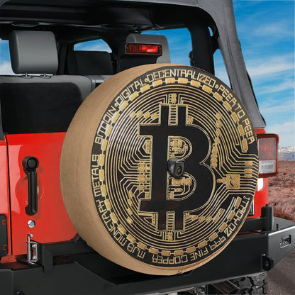 a bitcoin printed on a tire cover on a jeep