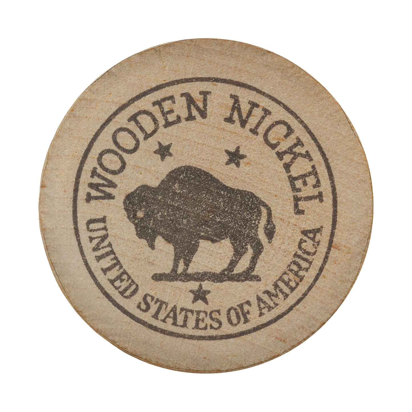 a circular wooden object with a black silhouette of a buffalo and the text "WOODEN NICKEL UNITED STATES OF AMERICA" printed on it.