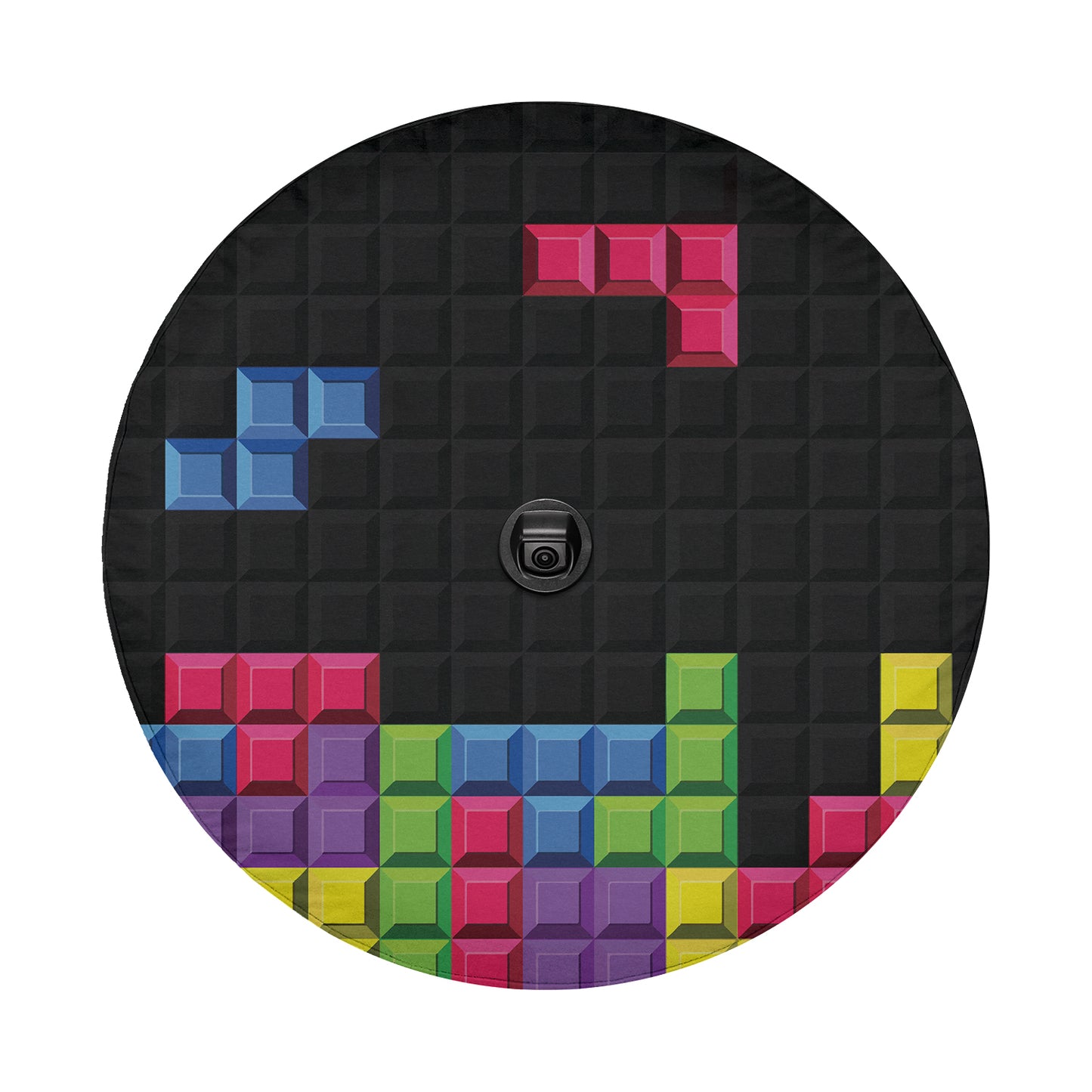 a round picture with a colorful block pattern