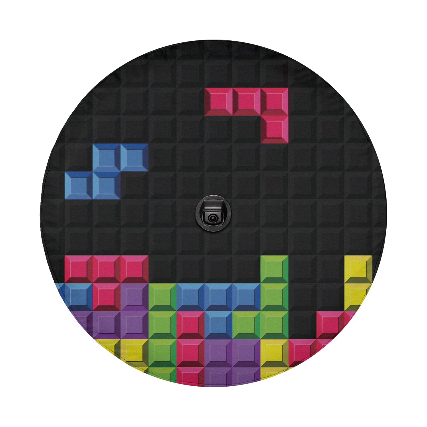 a round picture with a colorful block pattern