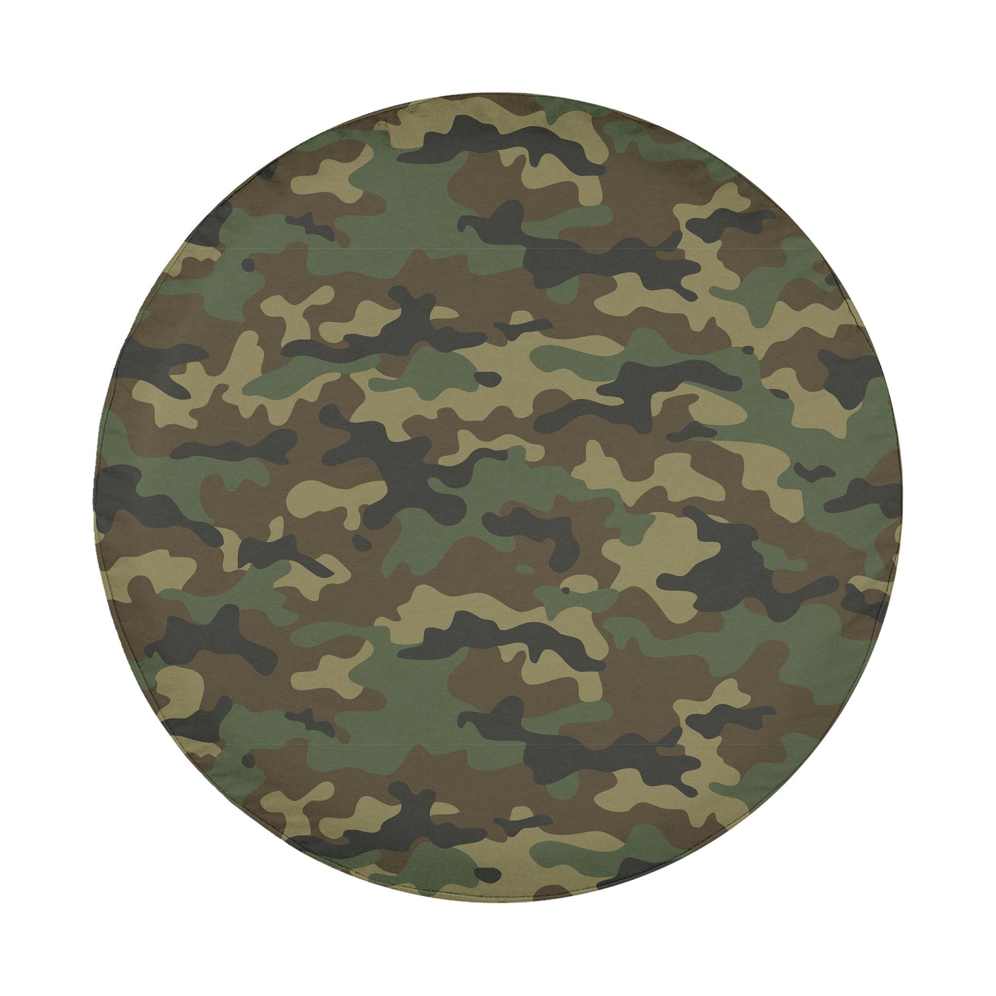 A circular image with a camouflage pattern, featuring various shades of green, brown, and black.