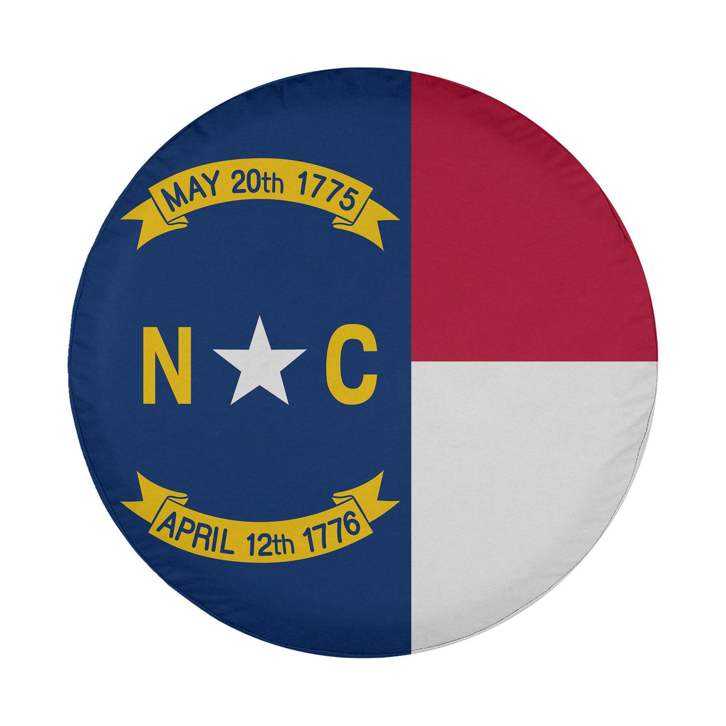 the flag of North Carolina, which is a blue, white, and red circular design with a white star in the center.