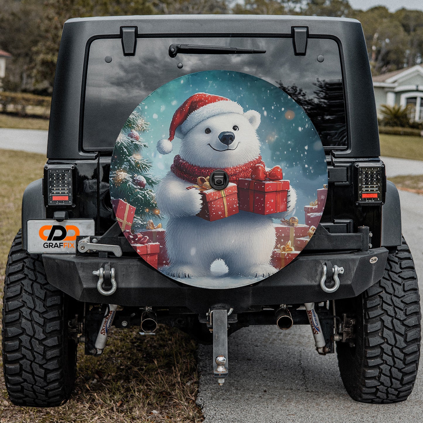 a white polar bear holding a christmas present on the back of a jeep
