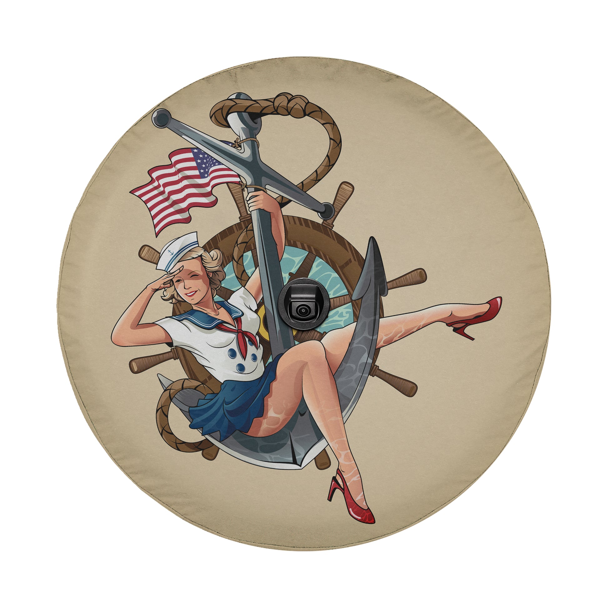A woman wearing a sailor's outfit is depicted in a circular design, holding a large anchor and surrounded by a nautical theme.