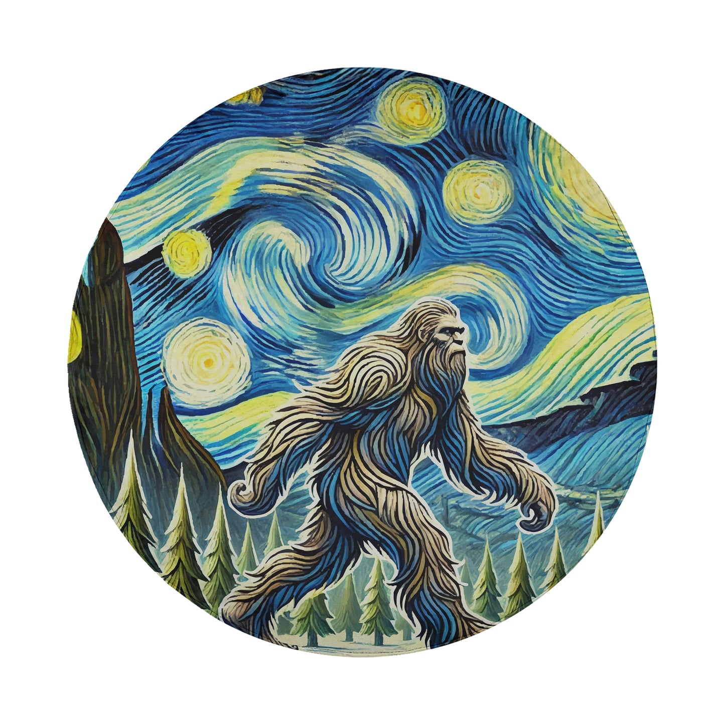 a large, furry creature with long hair, resembling a Sasquatch or a similar mythical creature, walking through a forest with trees and mountains in the background.