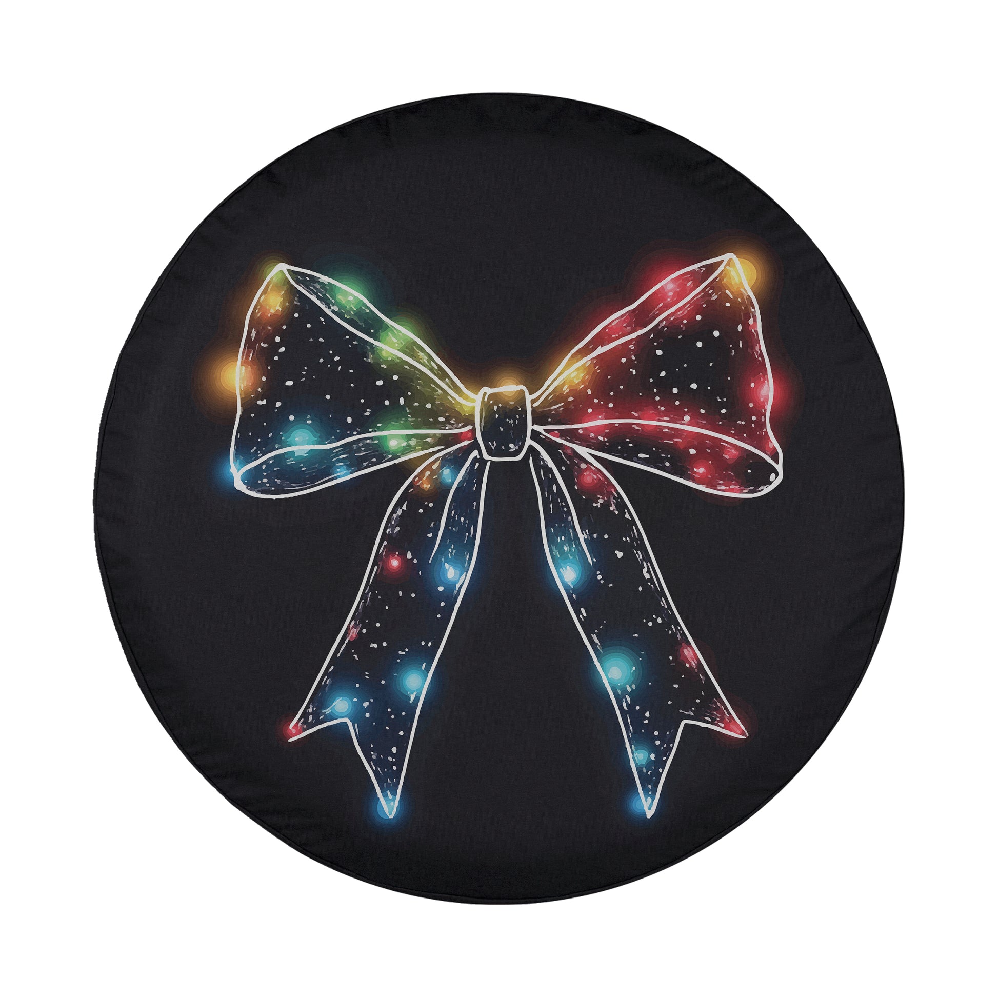 A black tire cover with a colorful, glowing bow design on it.