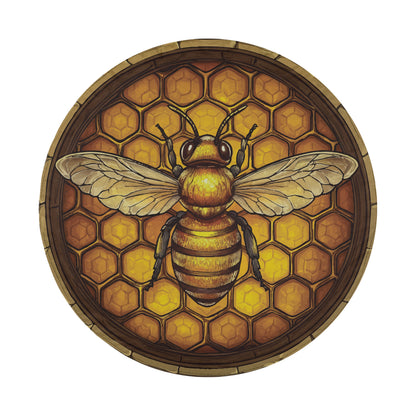 A detailed illustration of a bee with its wings spread, set against a honeycomb pattern.