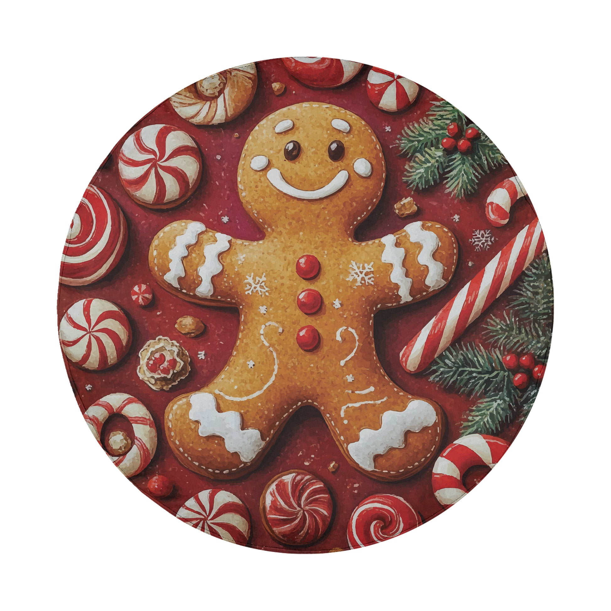 A gingerbread man surrounded by various candies, including red and white striped candies, red and white striped candy canes, and red and white striped candy pieces.