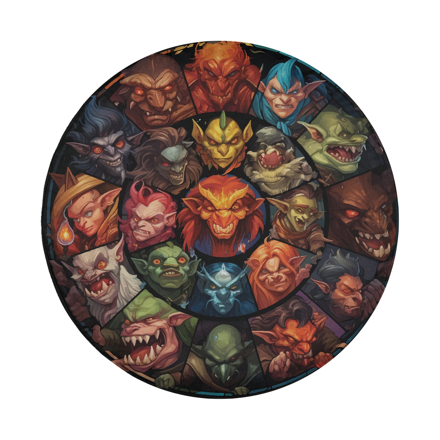 The image is a collage of various colorful and stylized monster or creature faces, arranged in a circular pattern.