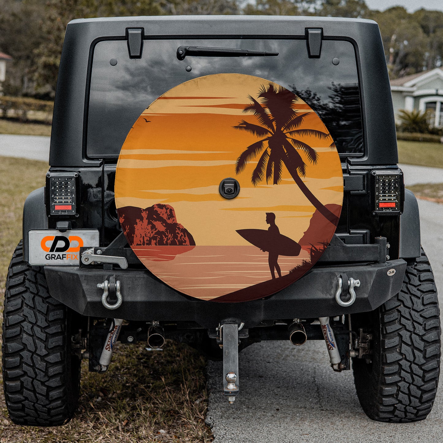 a picture of a man with a surfboard on the back of a jeep