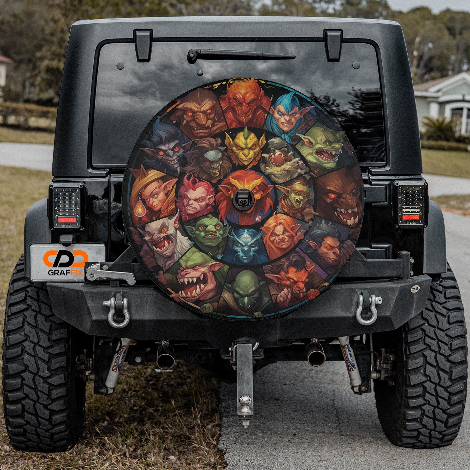 a jeep with a picture of a bunch of cartoon characters on it