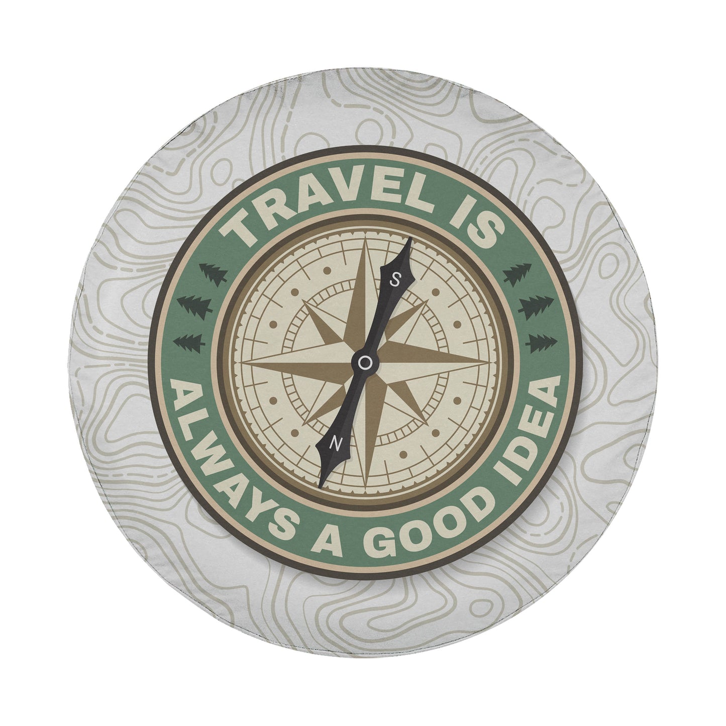 A compass with the text "TRAVEL IS ALWAYS A GOOD IDEA" around it, set against a background with a wavy pattern.
