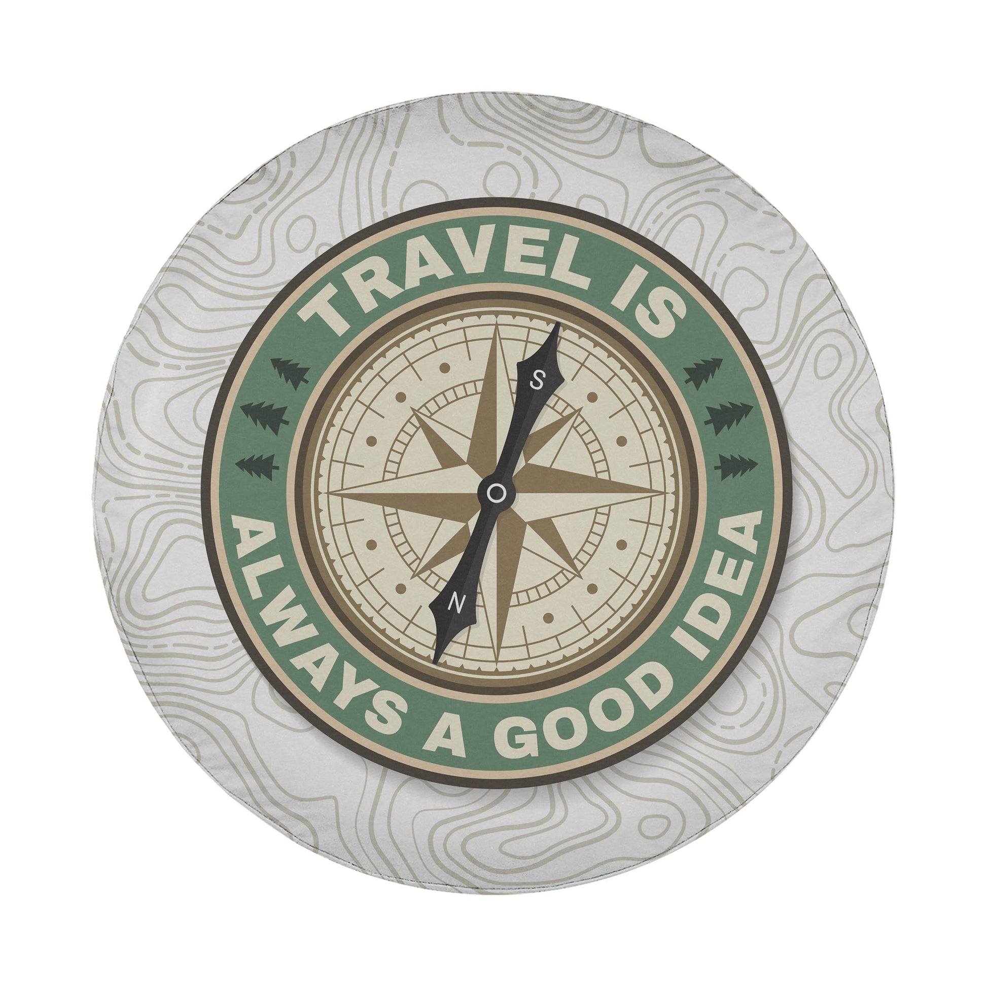 A compass with the text "TRAVEL IS ALWAYS A GOOD IDEA" around it, set against a background with a wavy pattern.