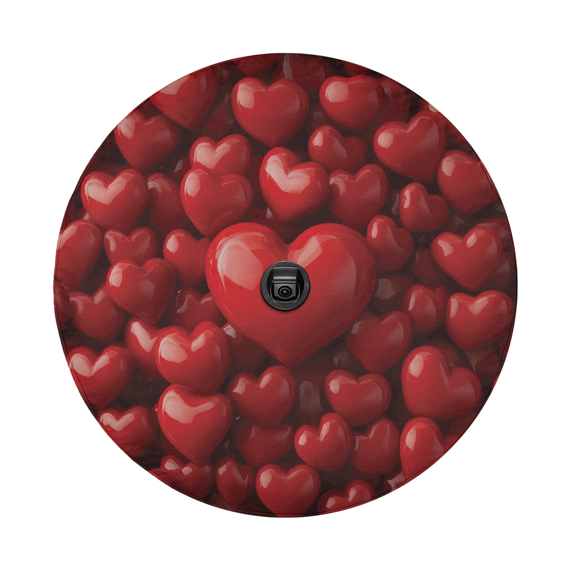 a collection of red heart-shaped objects, with a single heart-shaped object in the center that has a camera attached to it.