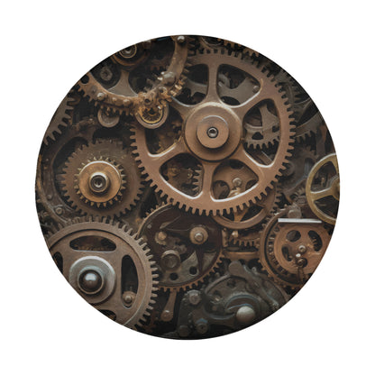 The image is a close-up view of a complex mechanical device, likely a gear mechanism, with numerous gears and cogs visible.