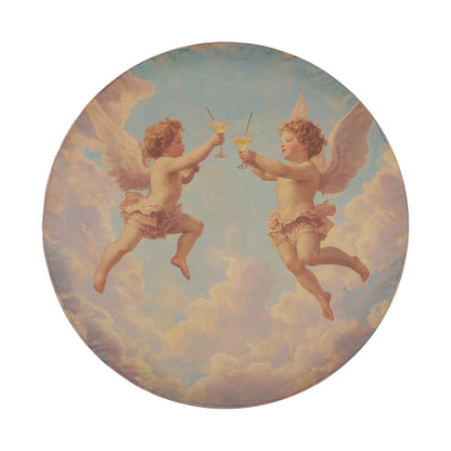 two cherubs flying in the sky, each holding a glass of wine.