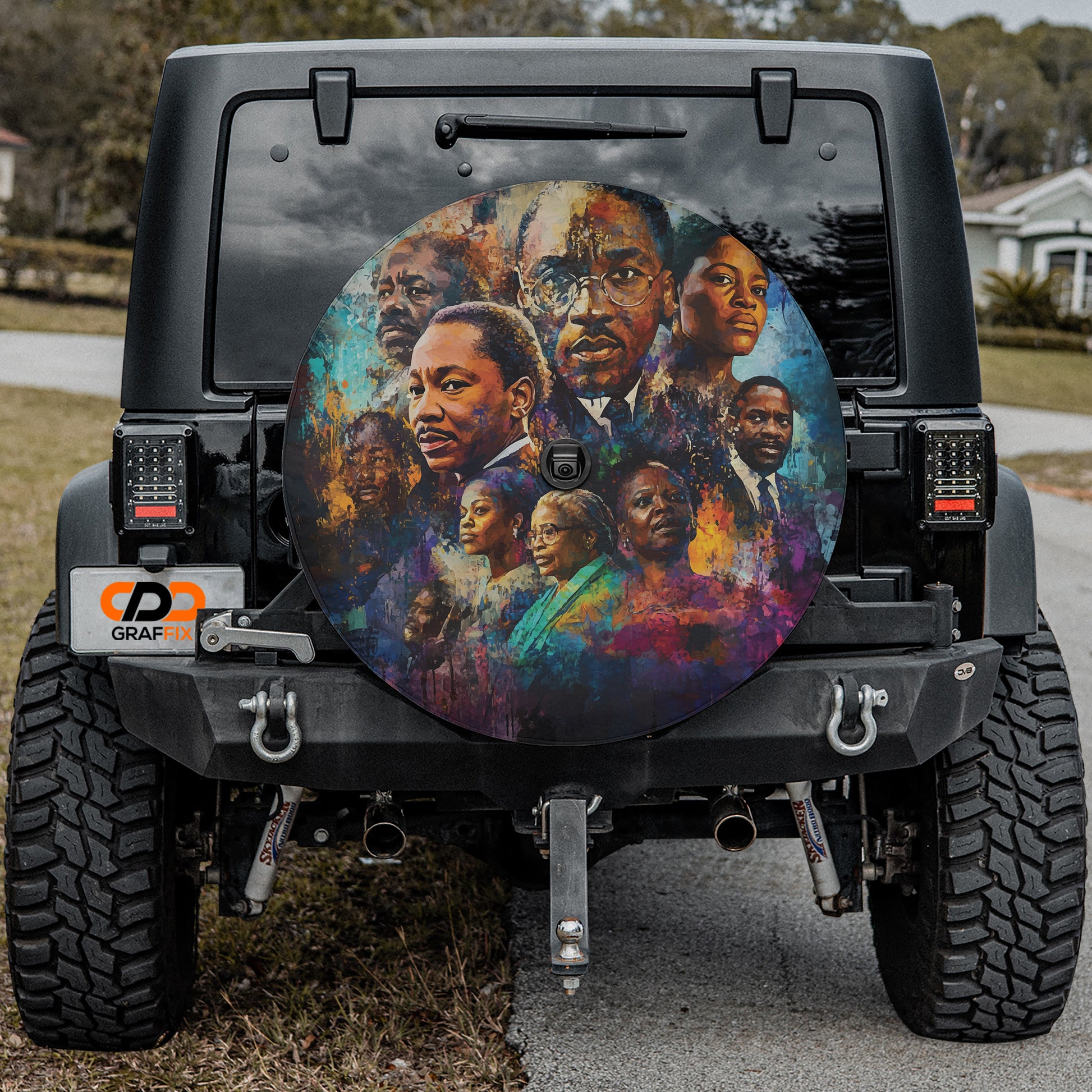a black jeep with a large, colorful, and artistic design on the rear window.