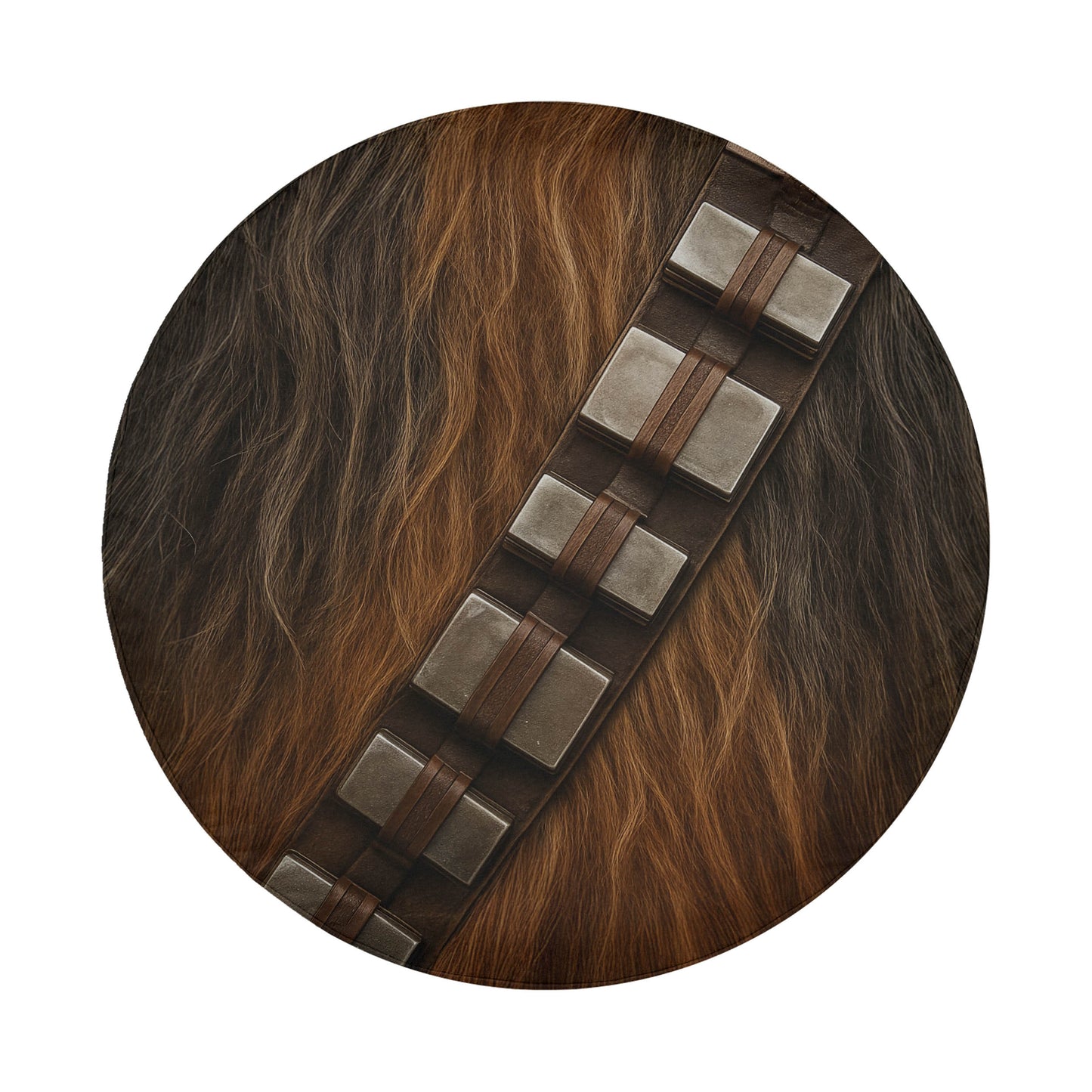 A close-up view of Chewbacca's fur, showcasing the distinctive brown and black coloration and the metallic strap of the iconic space ranger costume.