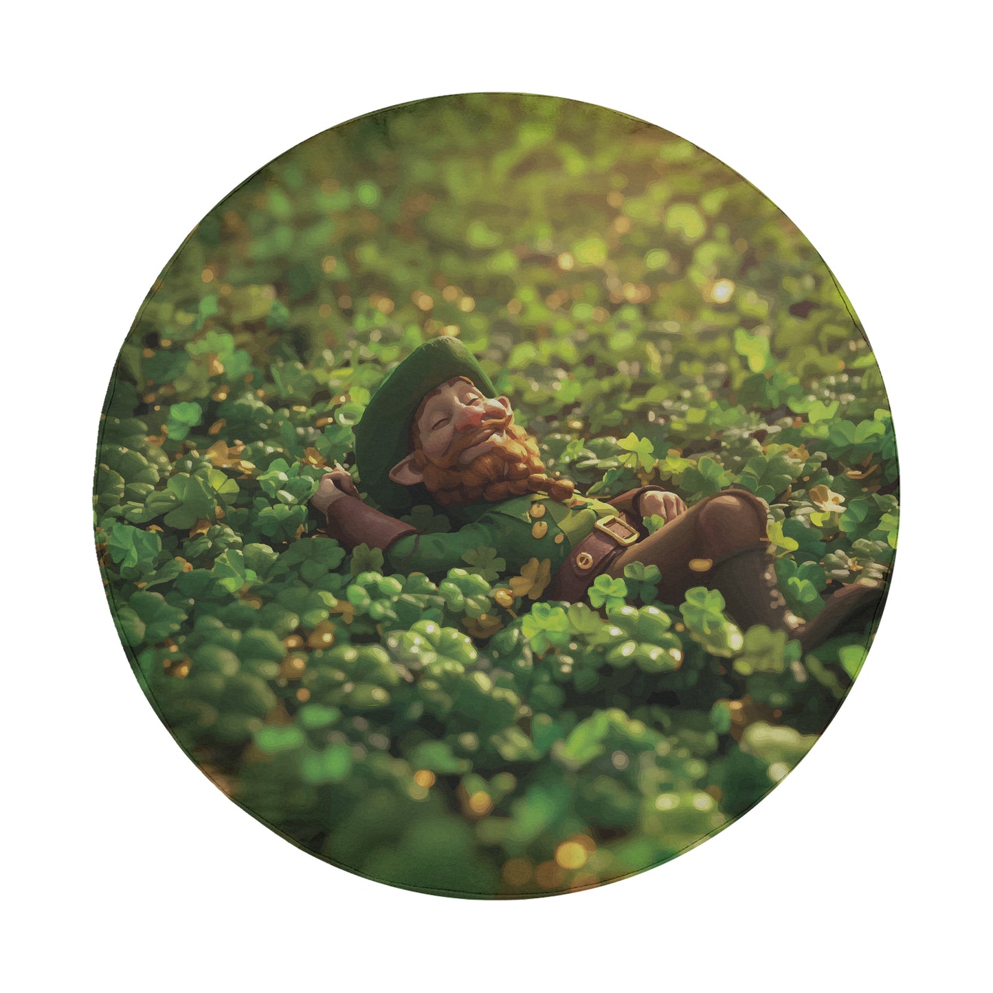 A small, cartoonish-looking gnome is lying down in a field of green leaves, appearing to be resting or sleeping.