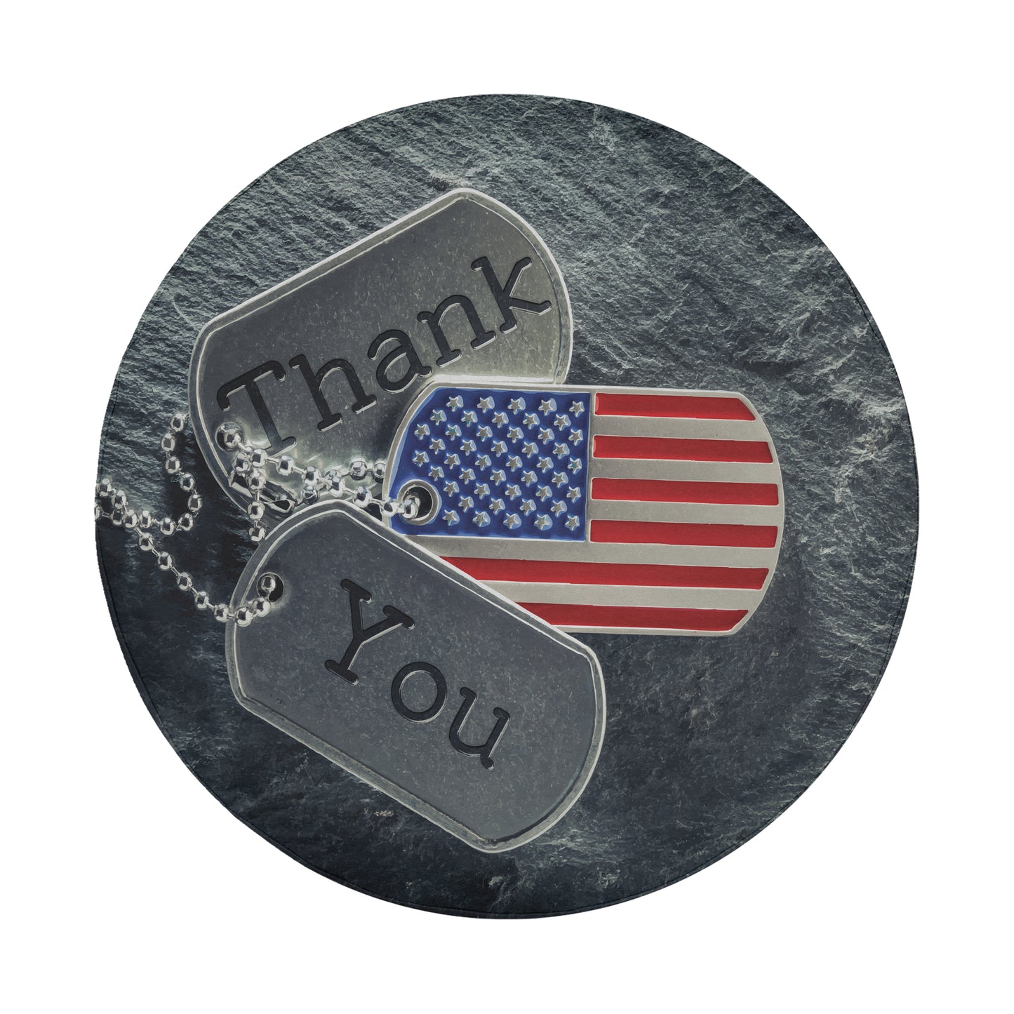 A round metal tag with the word "Thank" engraved on it, attached to a chain, with an American flag-themed tag below it.