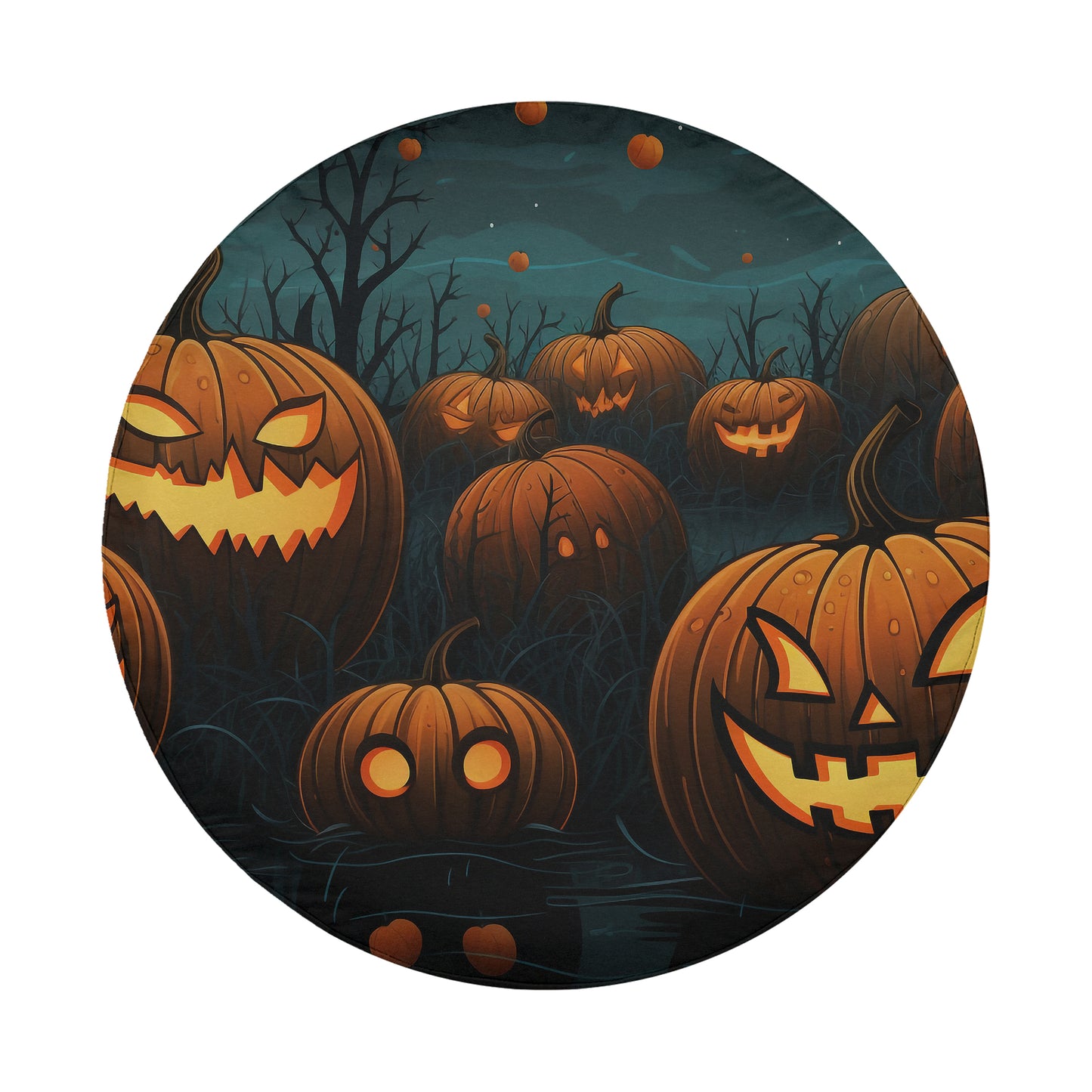 A circular illustration depicting a group of jack-o'-lanterns with glowing orange eyes and carved faces, set against a dark, spooky background with a night sky and floating orange and red objects.