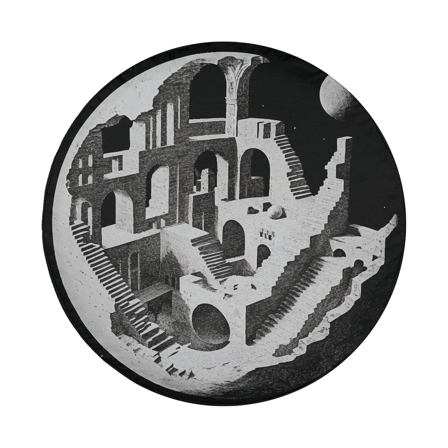 A black and white illustration depicting a complex architectural structure with multiple levels, arches, and staircases, creating a sense of depth and complexity.