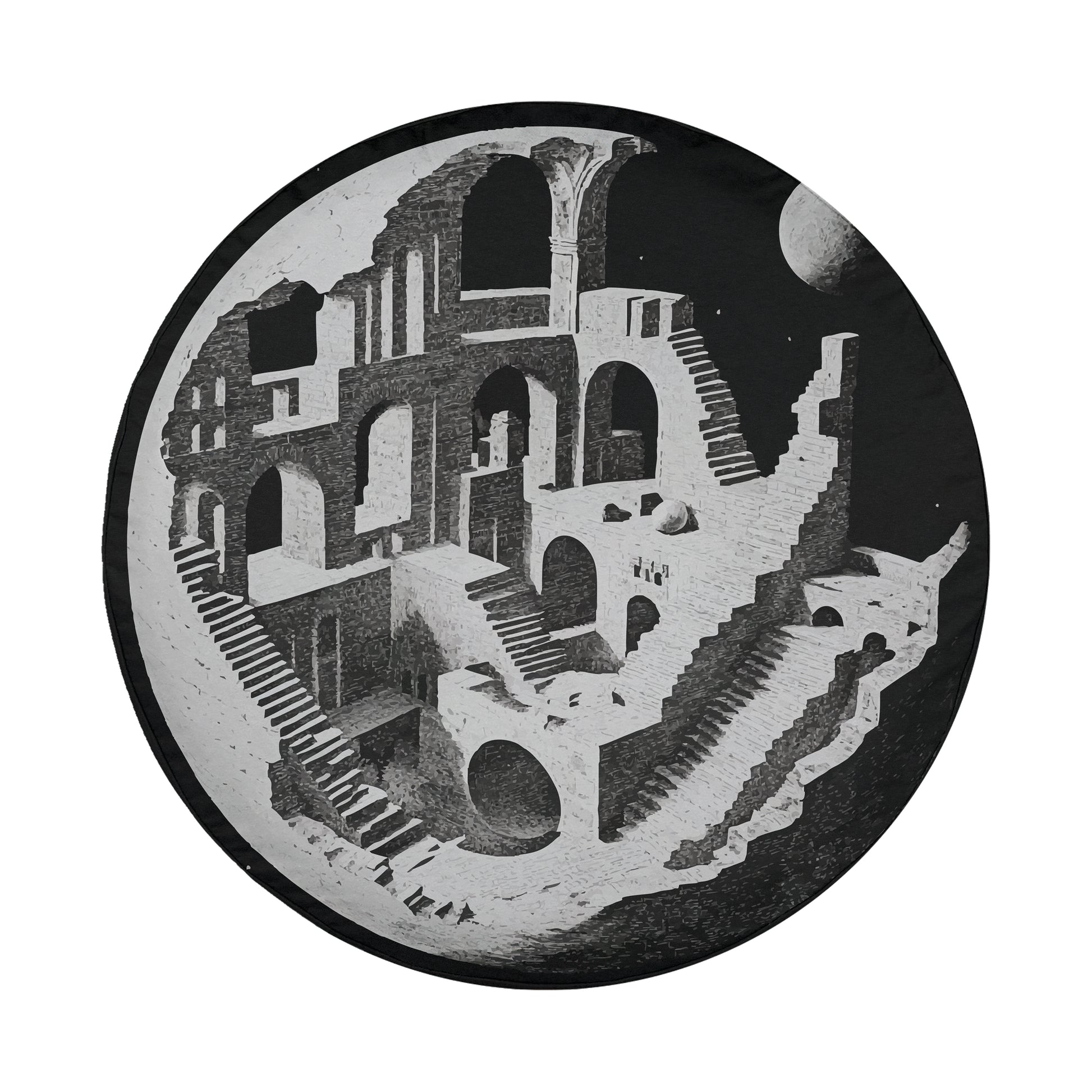 A black and white illustration depicting a complex architectural structure with multiple levels, arches, and staircases, creating a sense of depth and complexity.