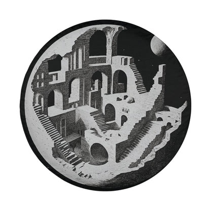 A black and white illustration depicting a complex architectural structure with multiple levels, arches, and staircases, creating a sense of depth and complexity.