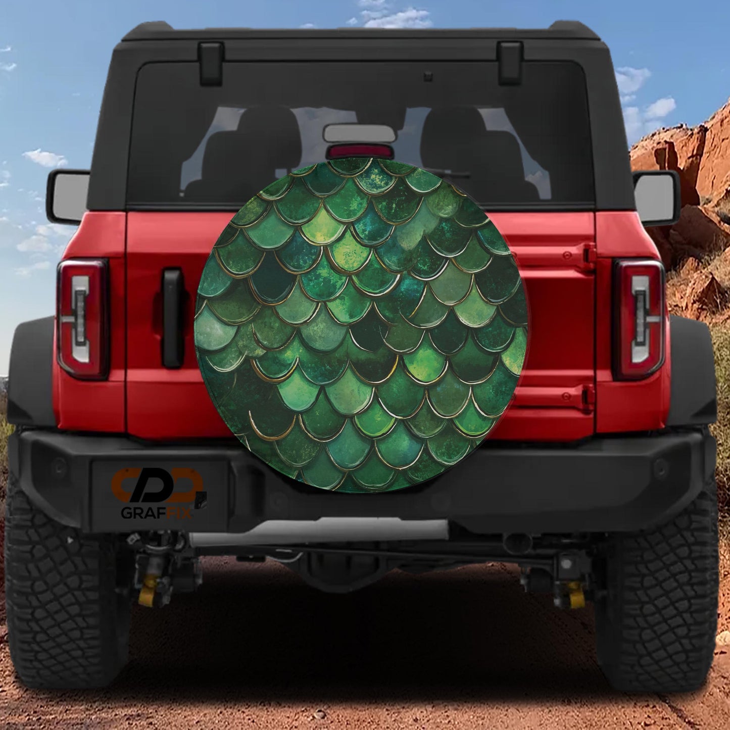 the rear of a red Jeep Wrangler with a large, colorful, scalloped-edge cover attached to the rear window.