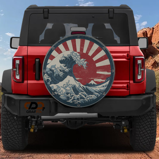 A red Jeep Wrangler with a large Japanese wave decal on the rear window.