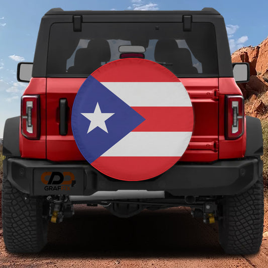 the rear of a red Jeep Wrangler with a Puerto Rican flag decal on the rear window.