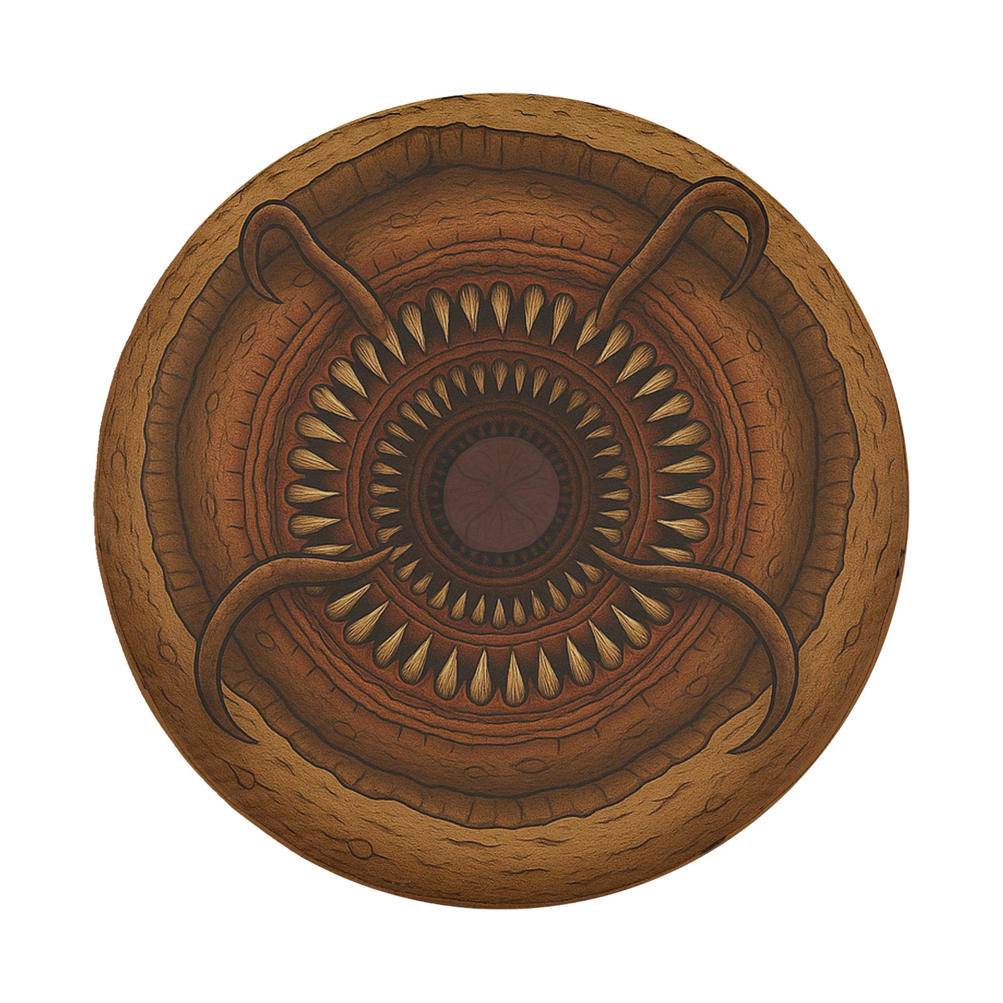 The image is a circular design with a central motif featuring a large, intricate pattern of small, overlapping shapes and lines.