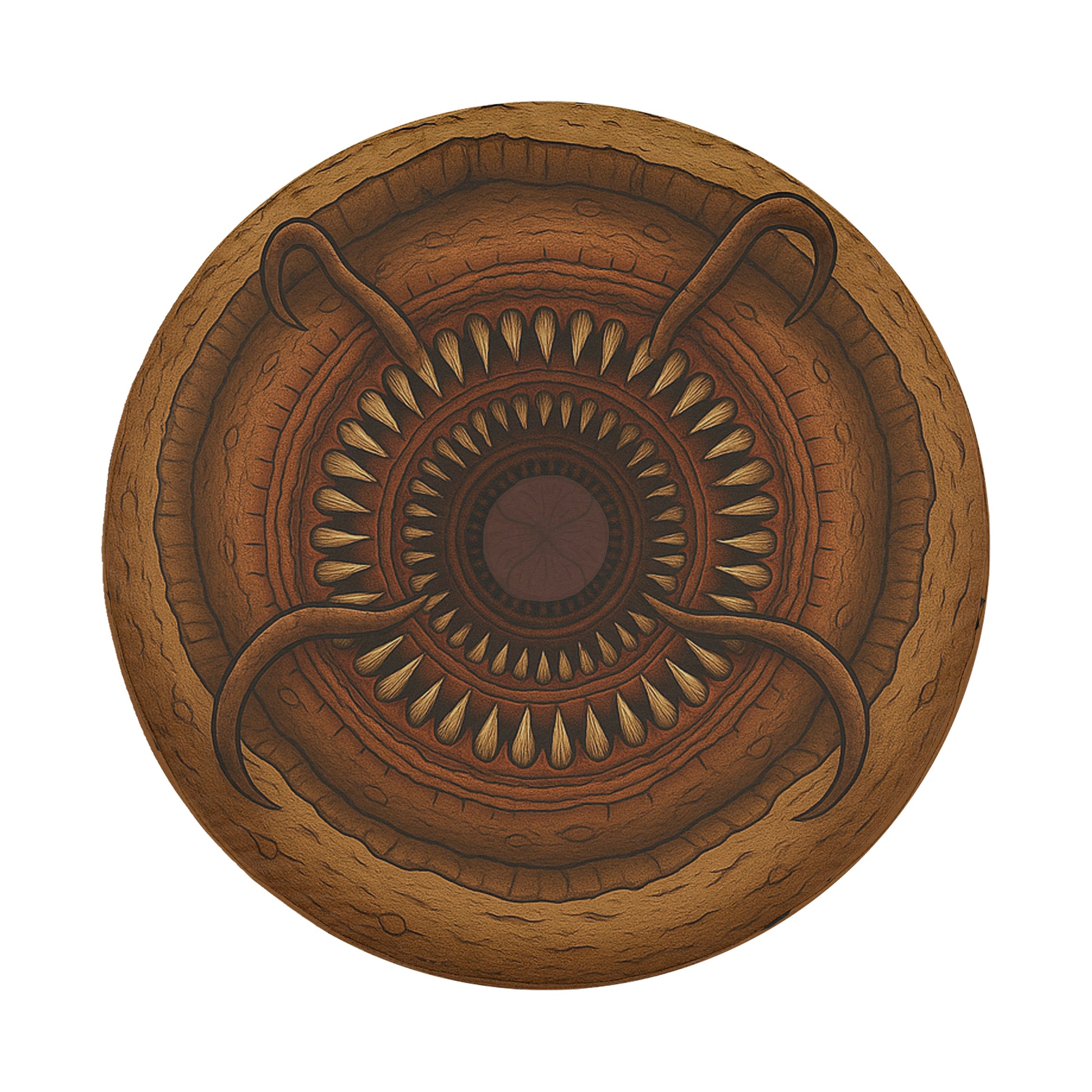 The image is a circular design with a central motif featuring a large, intricate pattern of small, overlapping shapes and lines.