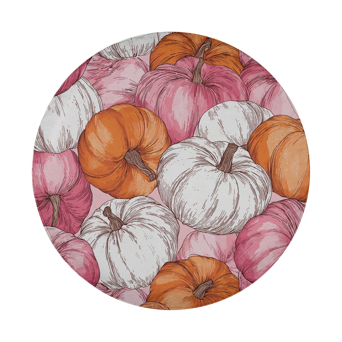 a circular arrangement of various colored pumpkins, including white, orange, and pink, against a white background.