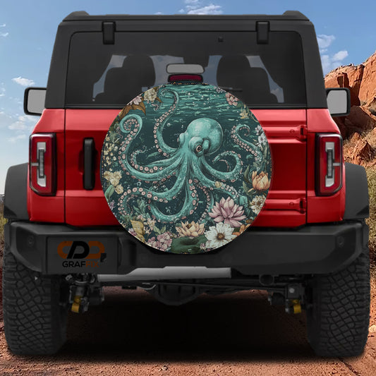 a red Jeep Wrangler with a large, colorful octopus-themed spare tire cover attached to the rear of the vehicle.