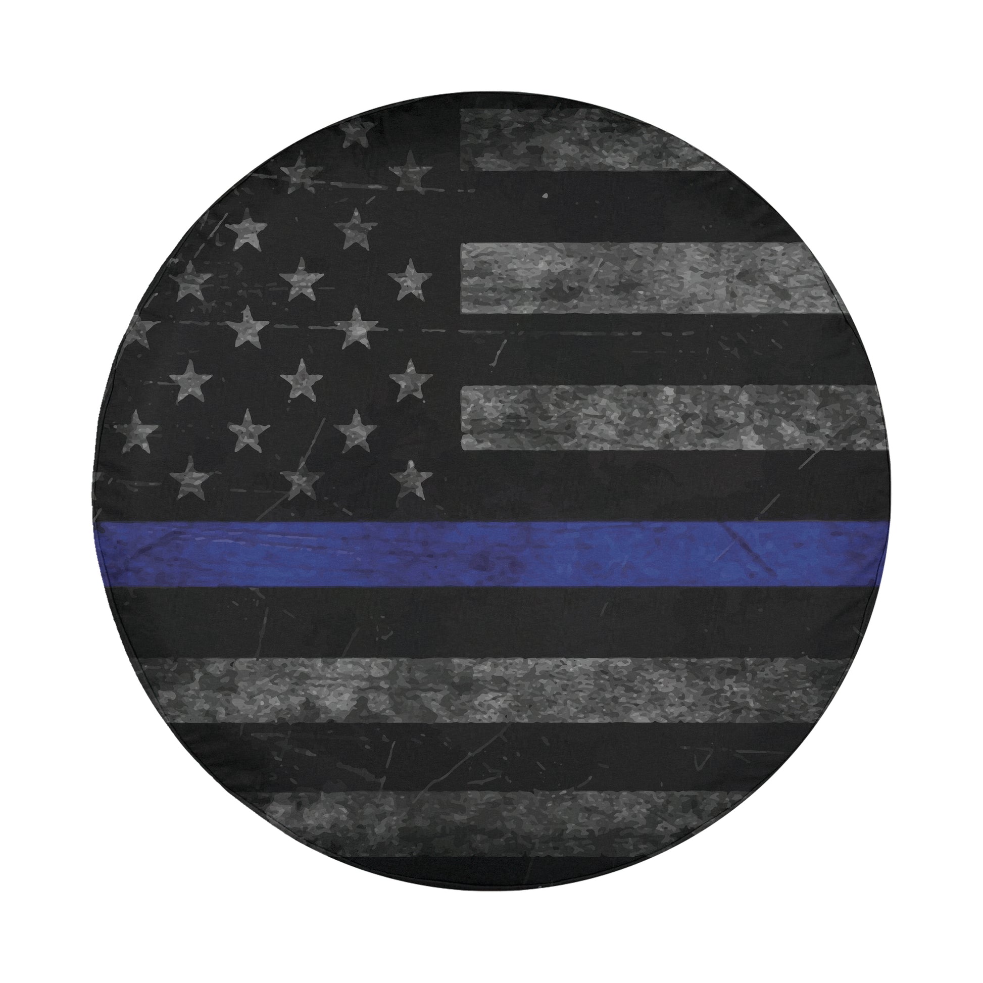 A circular image featuring the American flag with a thin blue line running through it.