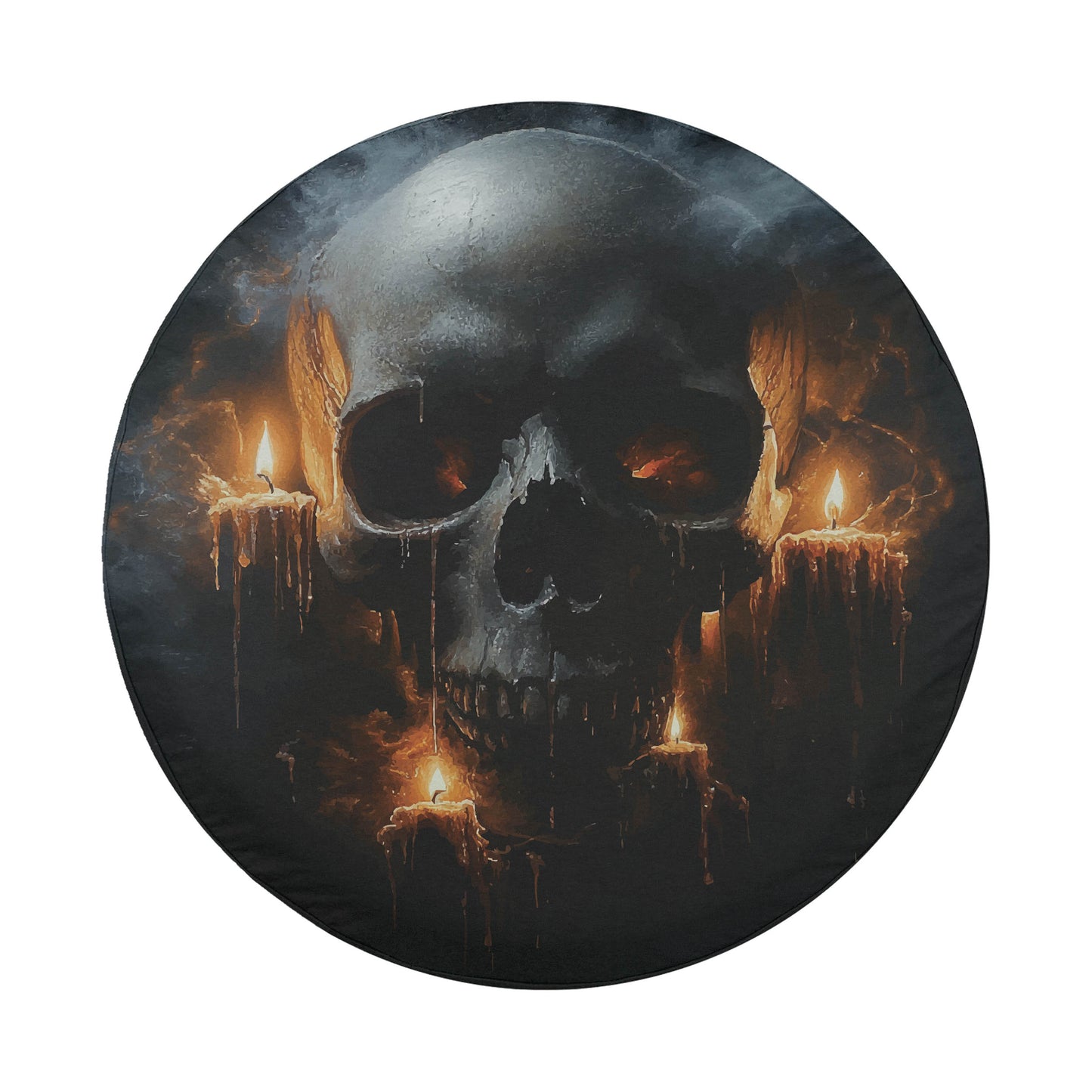 A dark, ominous skull with glowing eyes and dripping wax candles, creating a sense of foreboding and mystery.