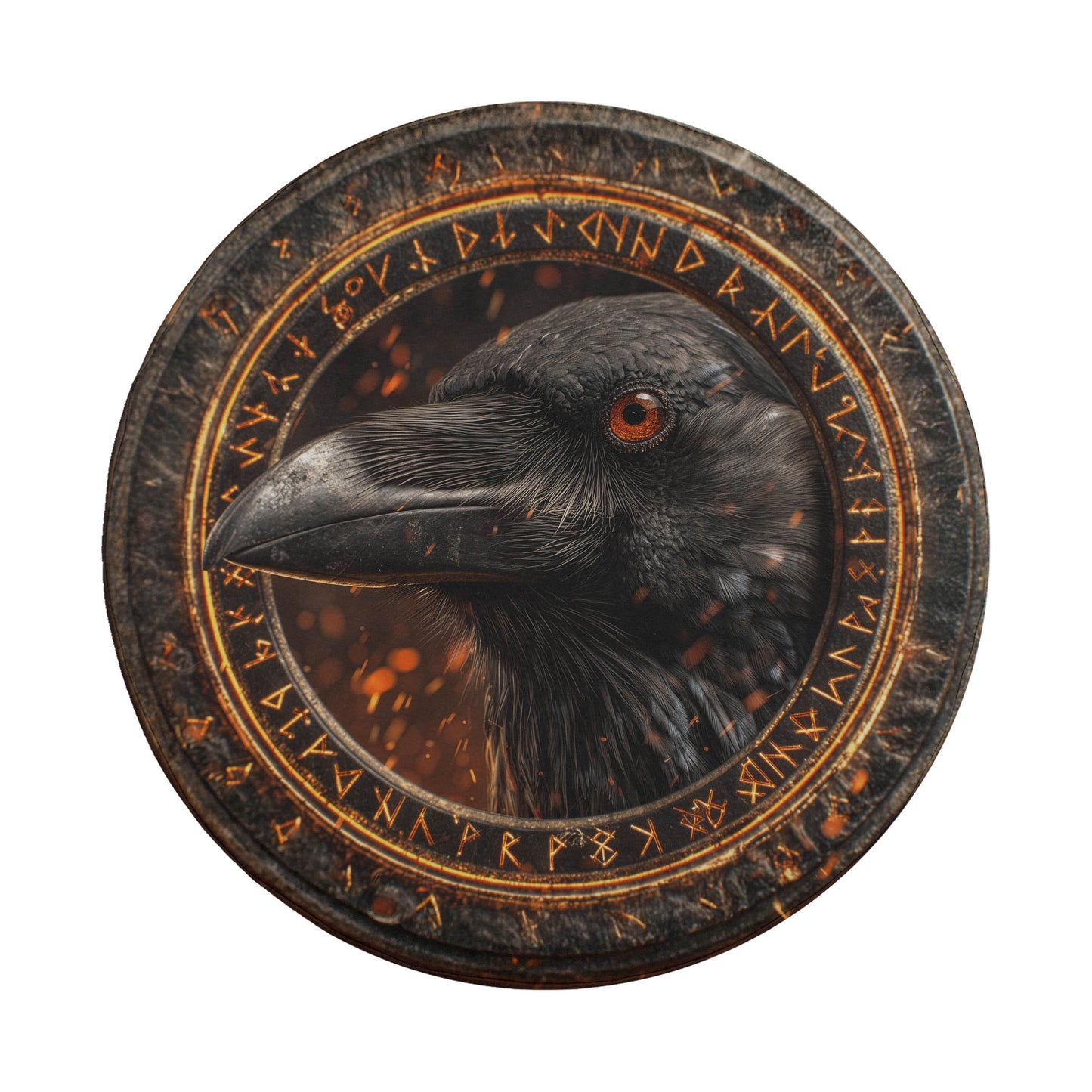 a close-up of a black bird's head, with a circular frame around it containing various symbols and text in an ornate, decorative style.