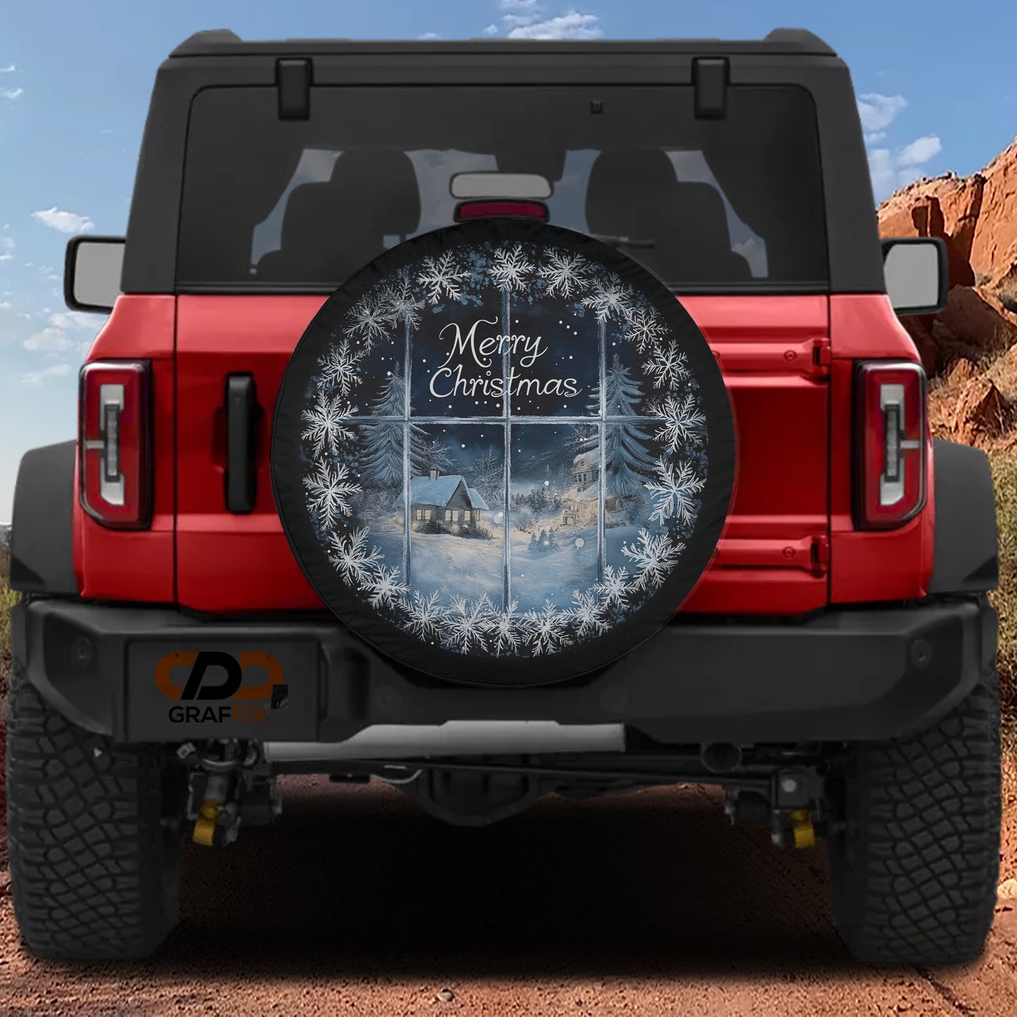 the back of a red Jeep Wrangler with a snowflake-patterned spare tire cover attached to it.