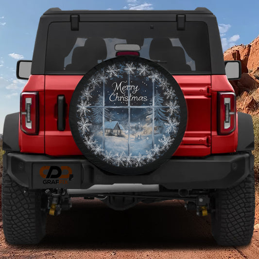 the back of a red Jeep Wrangler with a snowflake-patterned spare tire cover attached to it.