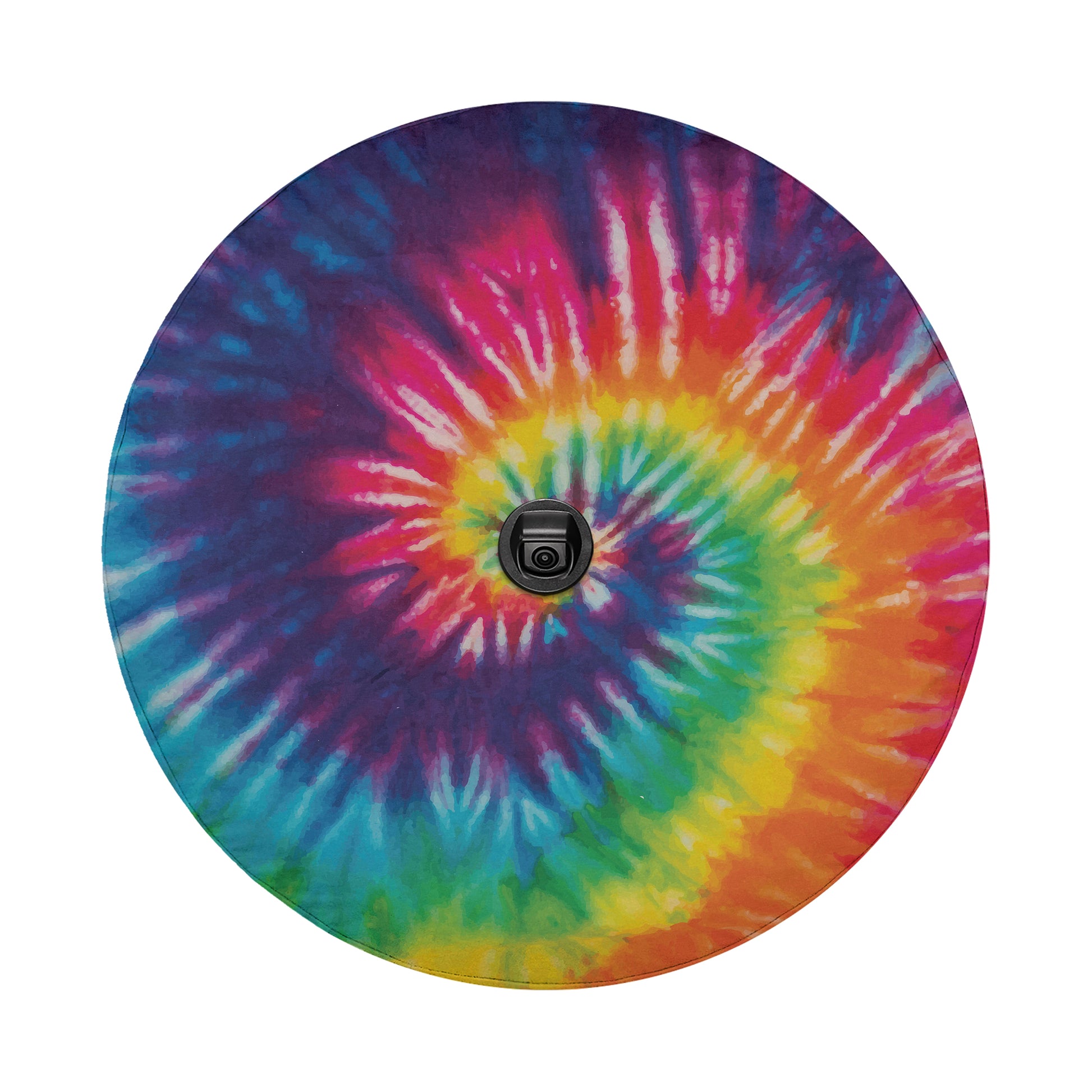 a multicolored tie - dyed round object on a white background
