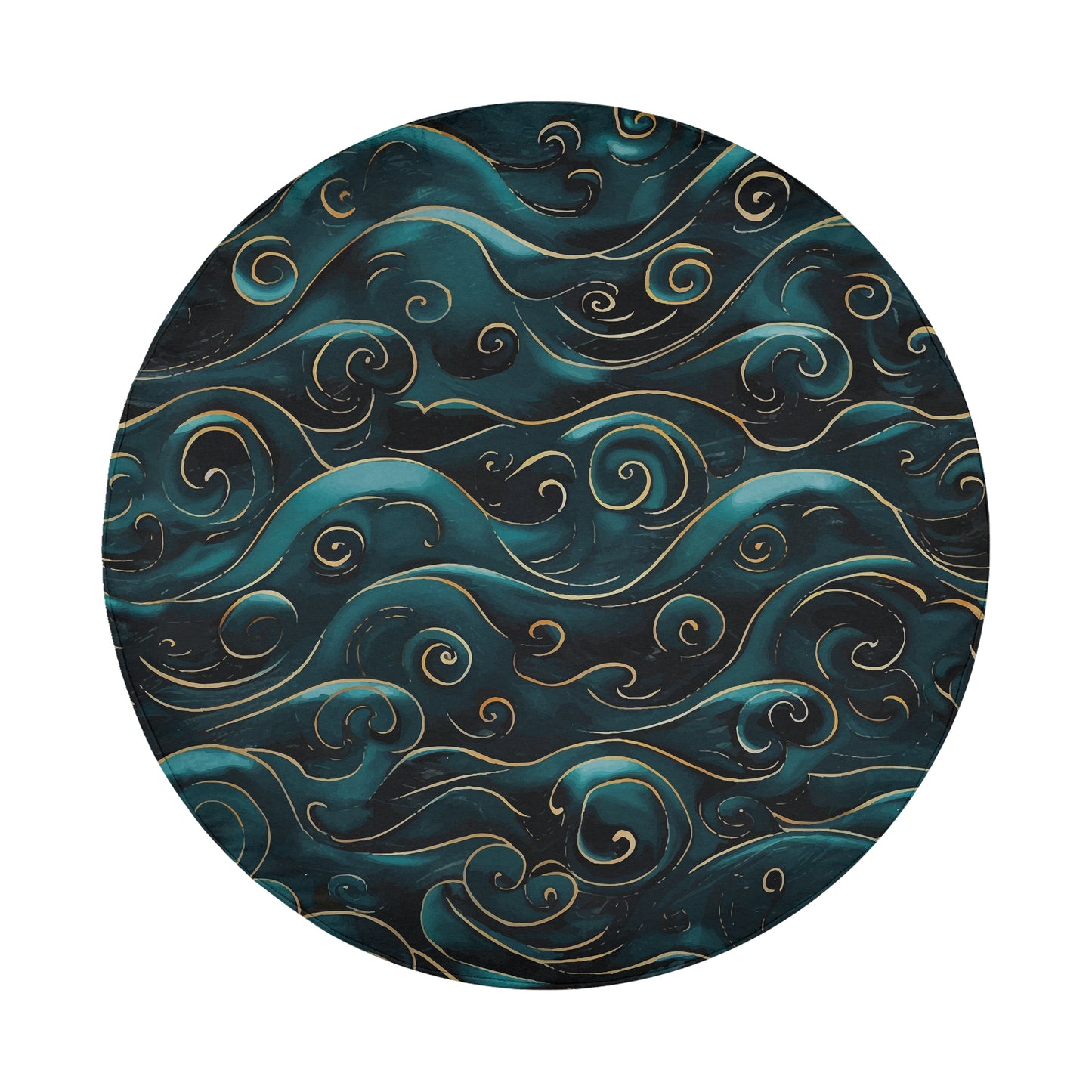 a circular pattern with swirling, curving lines in shades of blue and green, creating a sense of movement and dynamism.