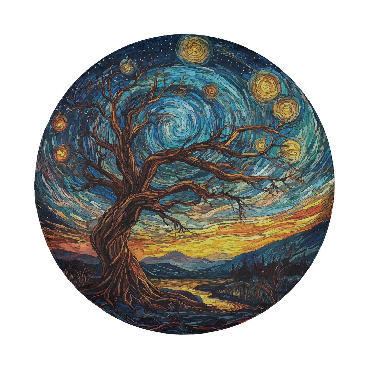 The image is a circular painting depicting a large, twisted tree with a starry night sky above it, creating a surreal and dreamlike atmosphere.