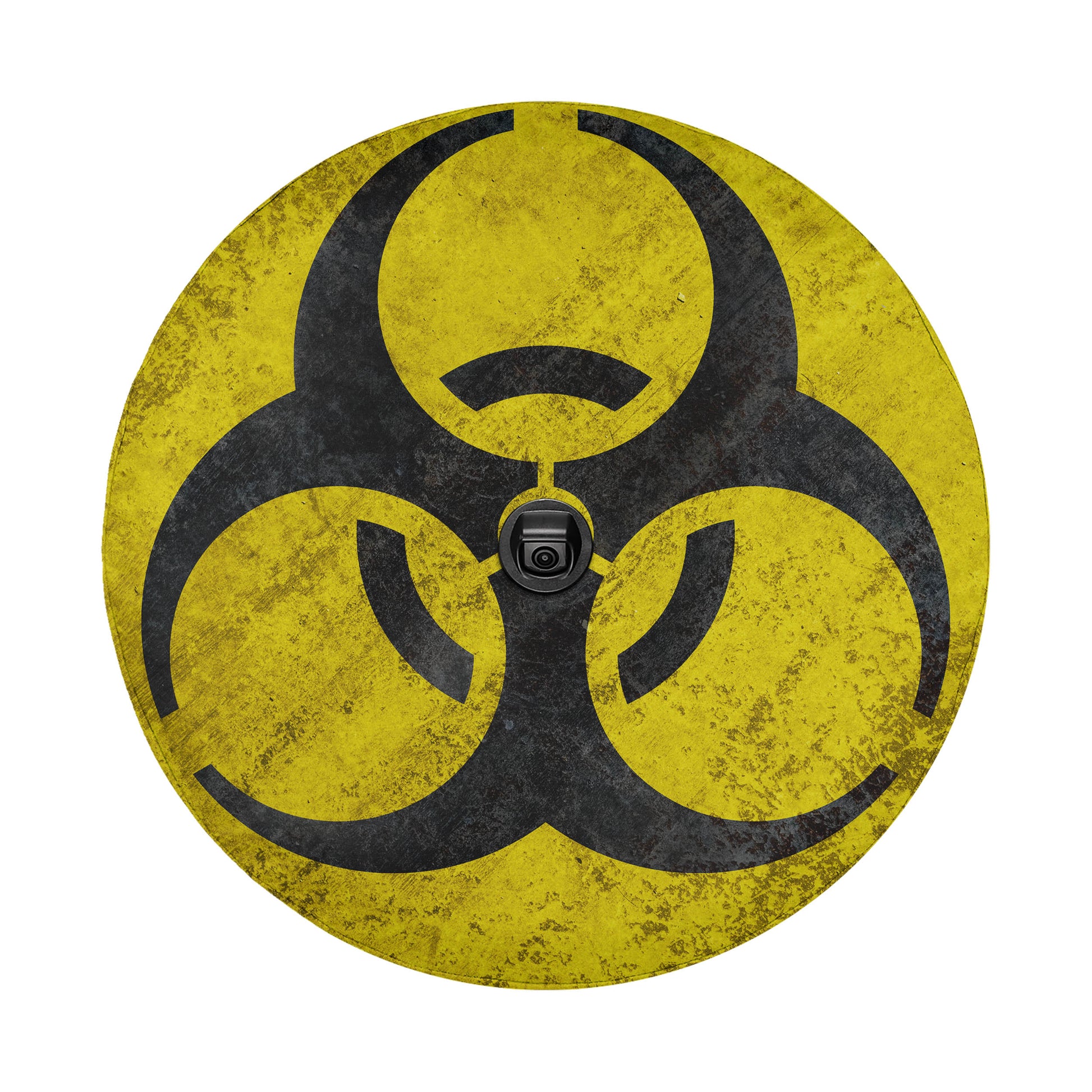 A yellow and black hazard symbol, which appears to be a biohazard symbol, is shown in the image.