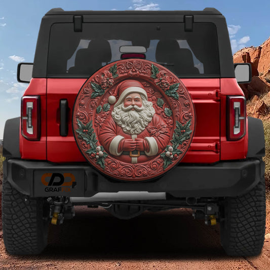 a red Jeep Wrangler with a large, decorative plate on the rear window.