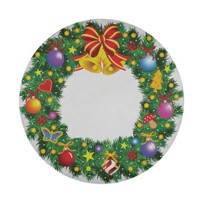 A festive Christmas wreath adorned with various ornaments, including a large red bow, bells, and a star, surrounded by greenery and twinkling lights.